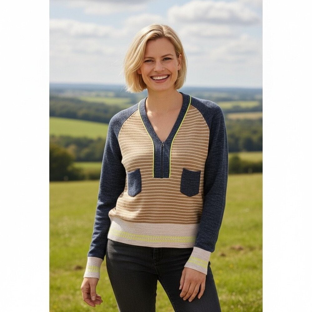 HOSS INTROPIA Gray/Camel Stripe Alpaca Blend Zip Sweater Size Small
